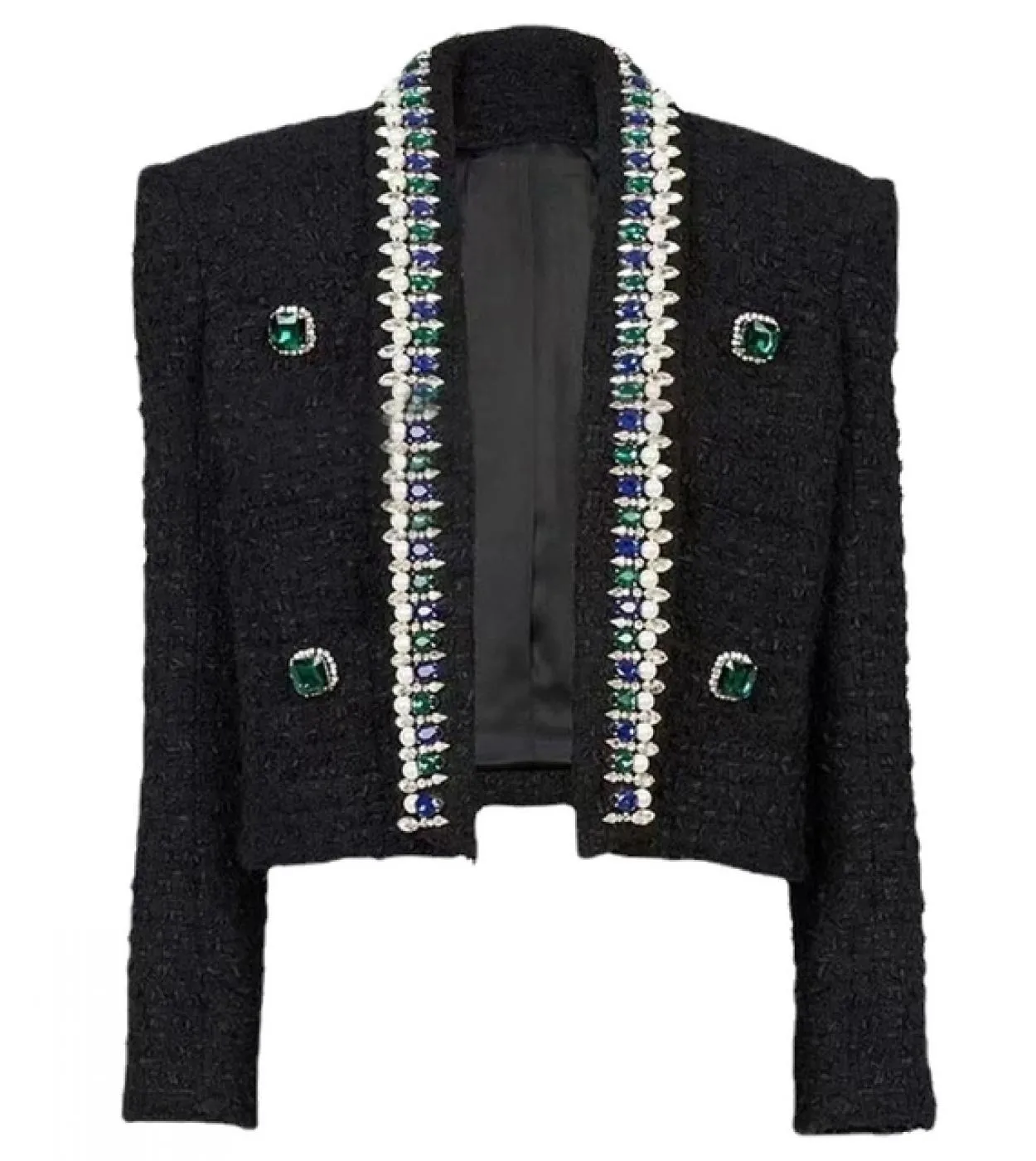 Giacca di perline a mano di lana Moda donna 2022 Nuova giacca corta con borchie di diamanti con borchie pesanti Verde senza coll