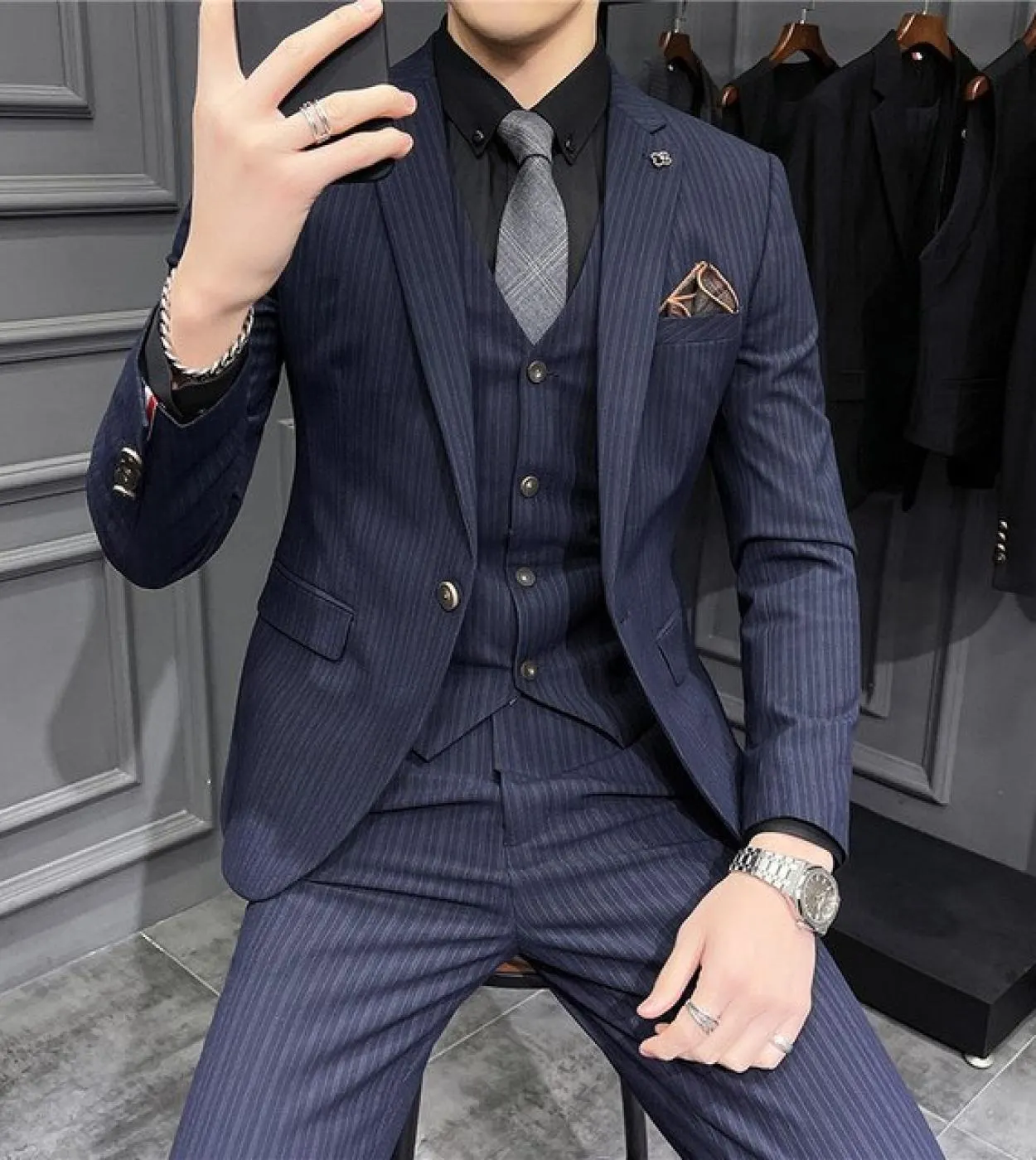Giacca  Gilet  Pantaloni Abito da lavoro formale a righe per uomo Fashion Boutique Abito da sposa da sposo slim 3 pezzi