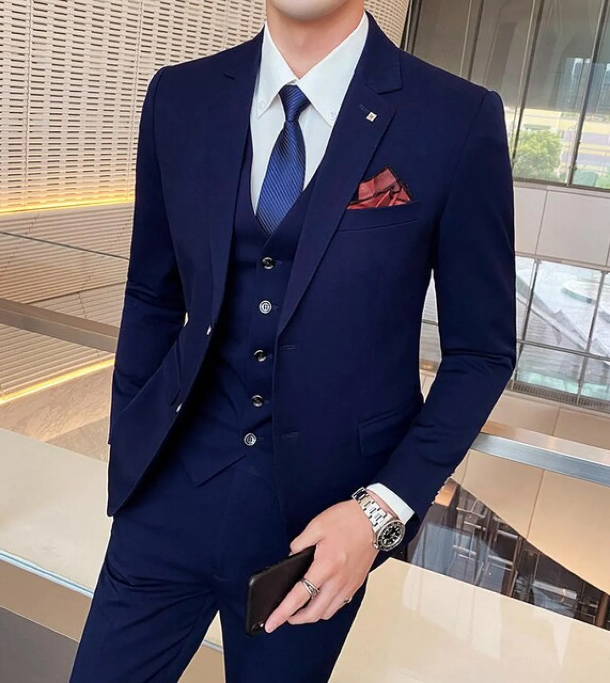 Giacca  gilet  pantaloni Abito da sposa formale da sposo di marca di fascia alta Abito a righe Abito a tre pezzi Performance
