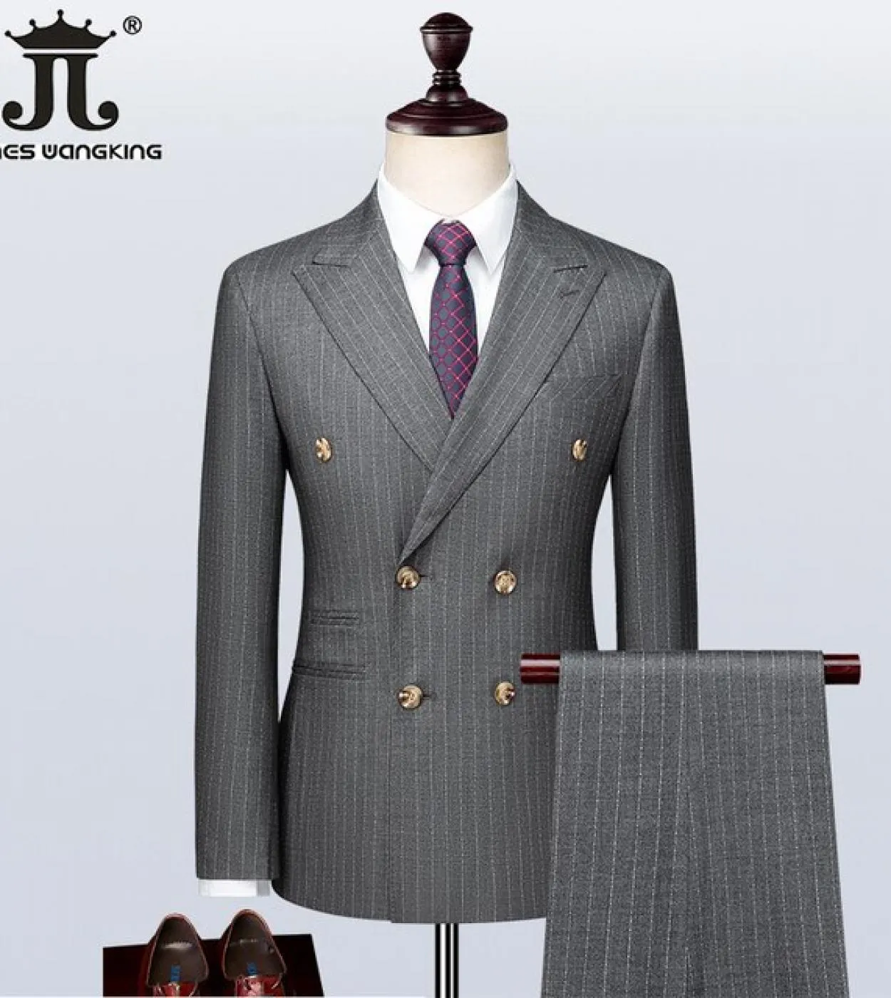 Giacca  Gilet  Pantaloni Abito da uomo doppiopetto formale da uomo a righe di lusso Abito da sposa da sposo grigio