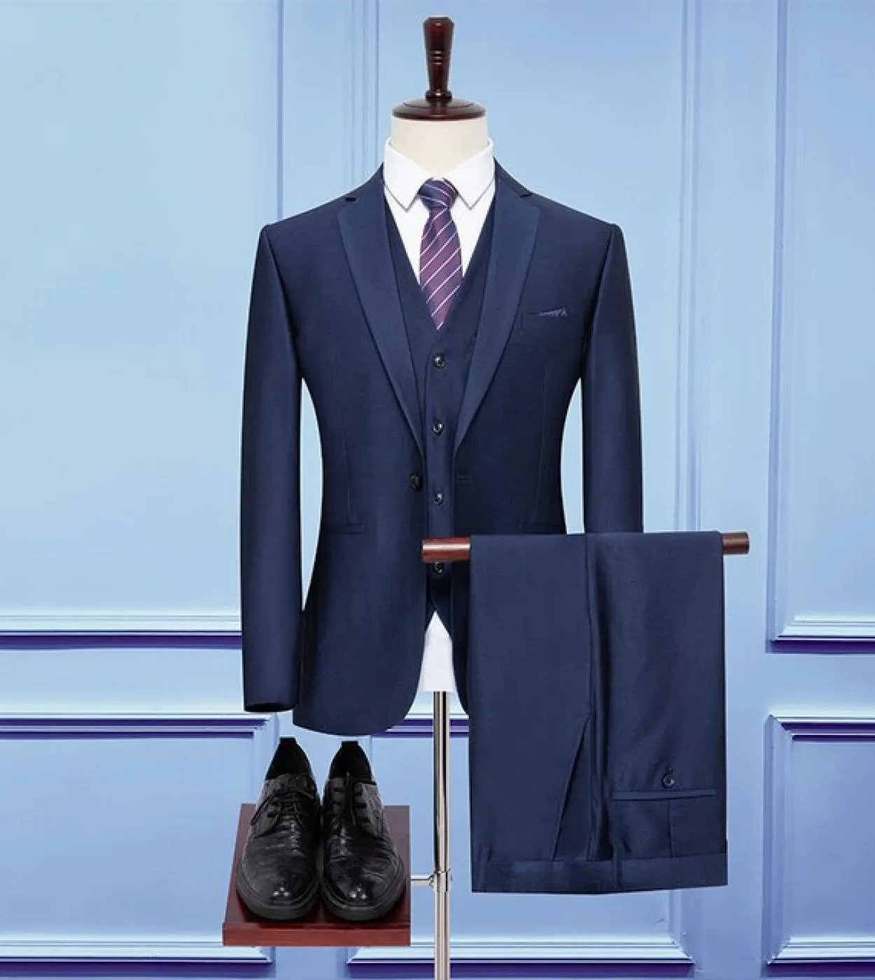 Giacca  Gilet  Pantaloni Moda Tinta unita Elastico Uomo Ufficiale Ufficio Affari Abito Blu 3 Pezzi Set Sposo Weddin