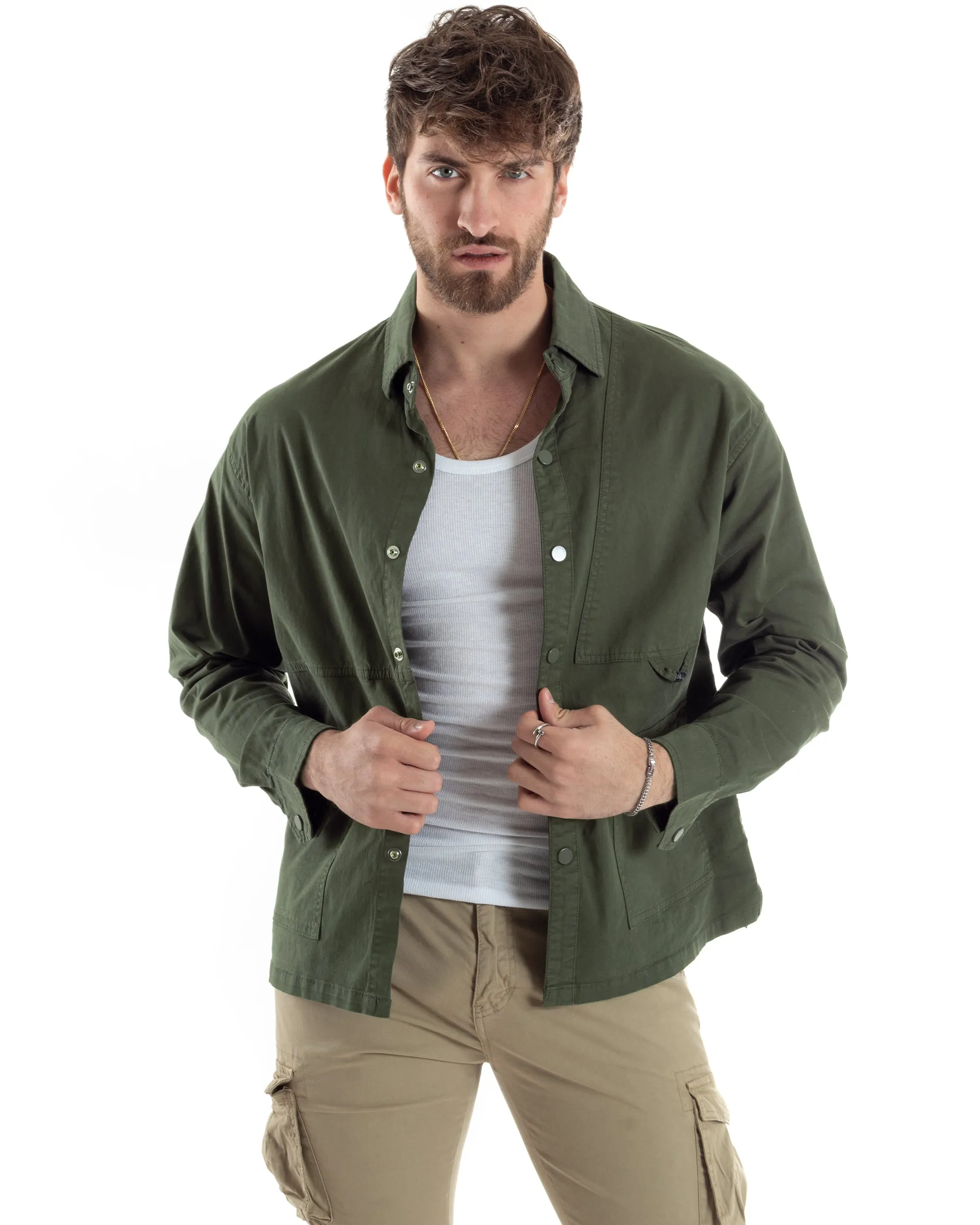Giacca Utility Cargo Giubbotto Uomo Con Tasche Sahariana Con Colletto Carpenter Verde GIOSAL-G3176A