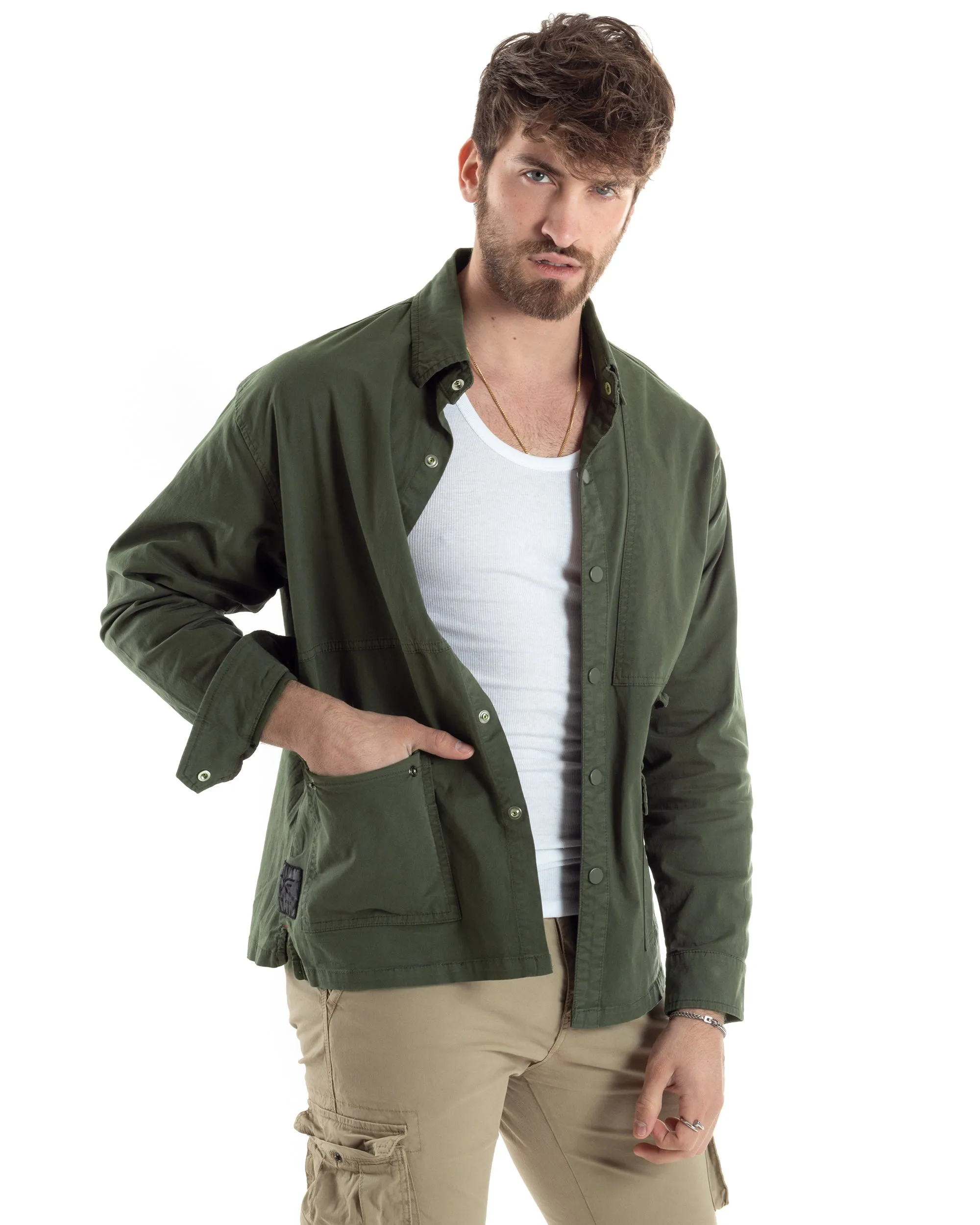 Giacca Utility Cargo Giubbotto Uomo Con Tasche Sahariana Con Colletto Carpenter Verde GIOSAL-G3176A