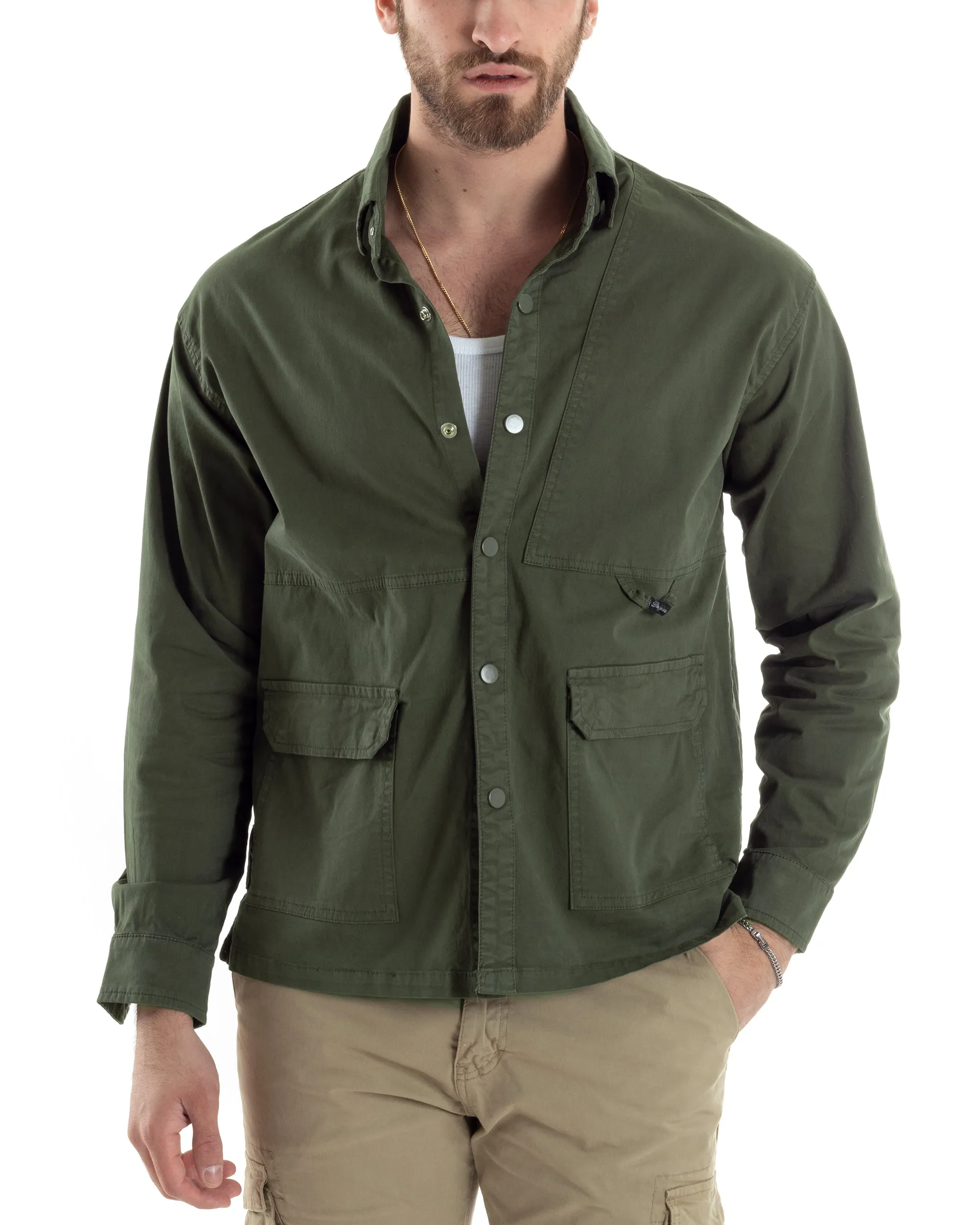 Giacca Utility Cargo Giubbotto Uomo Con Tasche Sahariana Con Colletto Carpenter Verde GIOSAL-G3176A