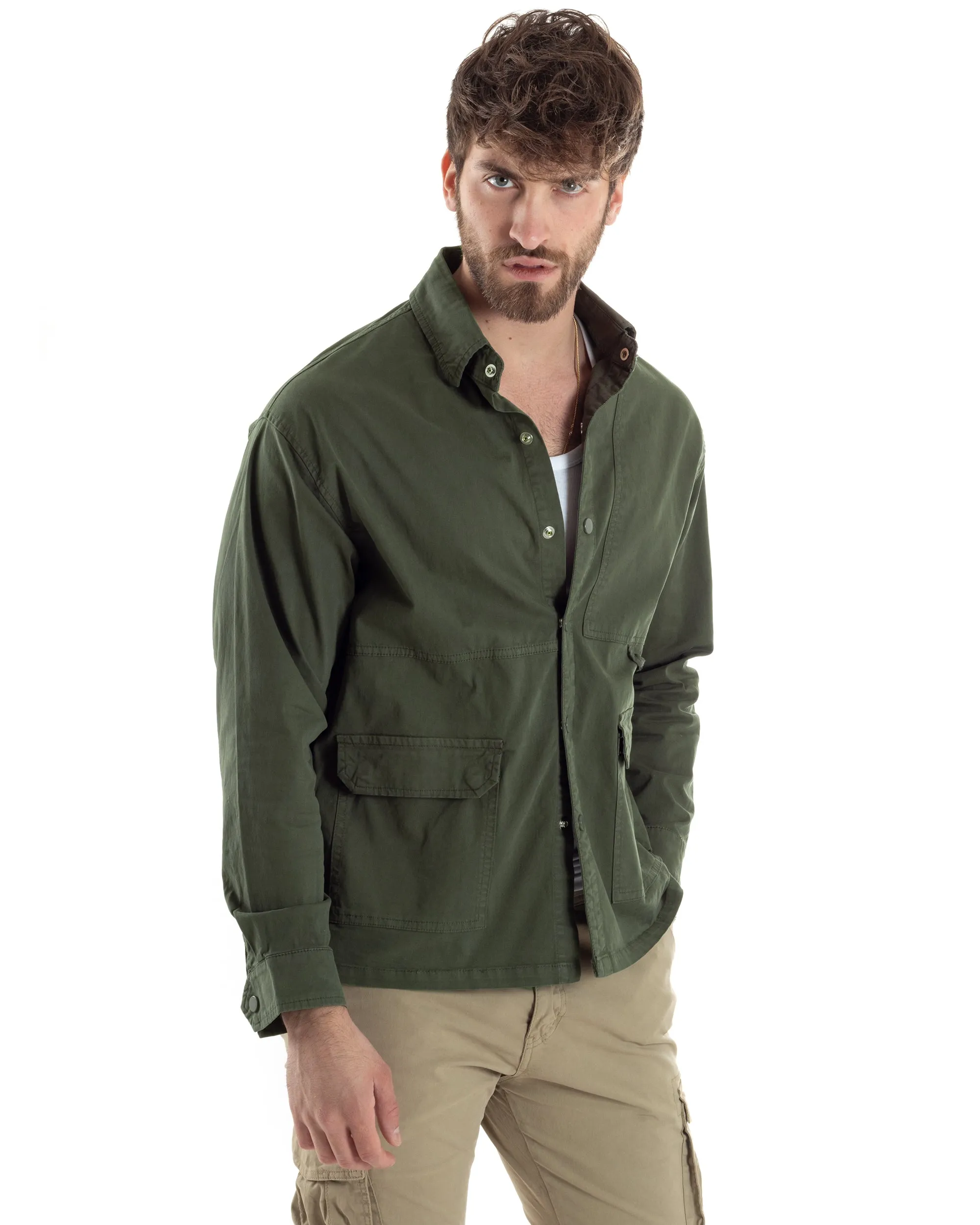 Giacca Utility Cargo Giubbotto Uomo Con Tasche Sahariana Con Colletto Carpenter Verde GIOSAL-G3176A