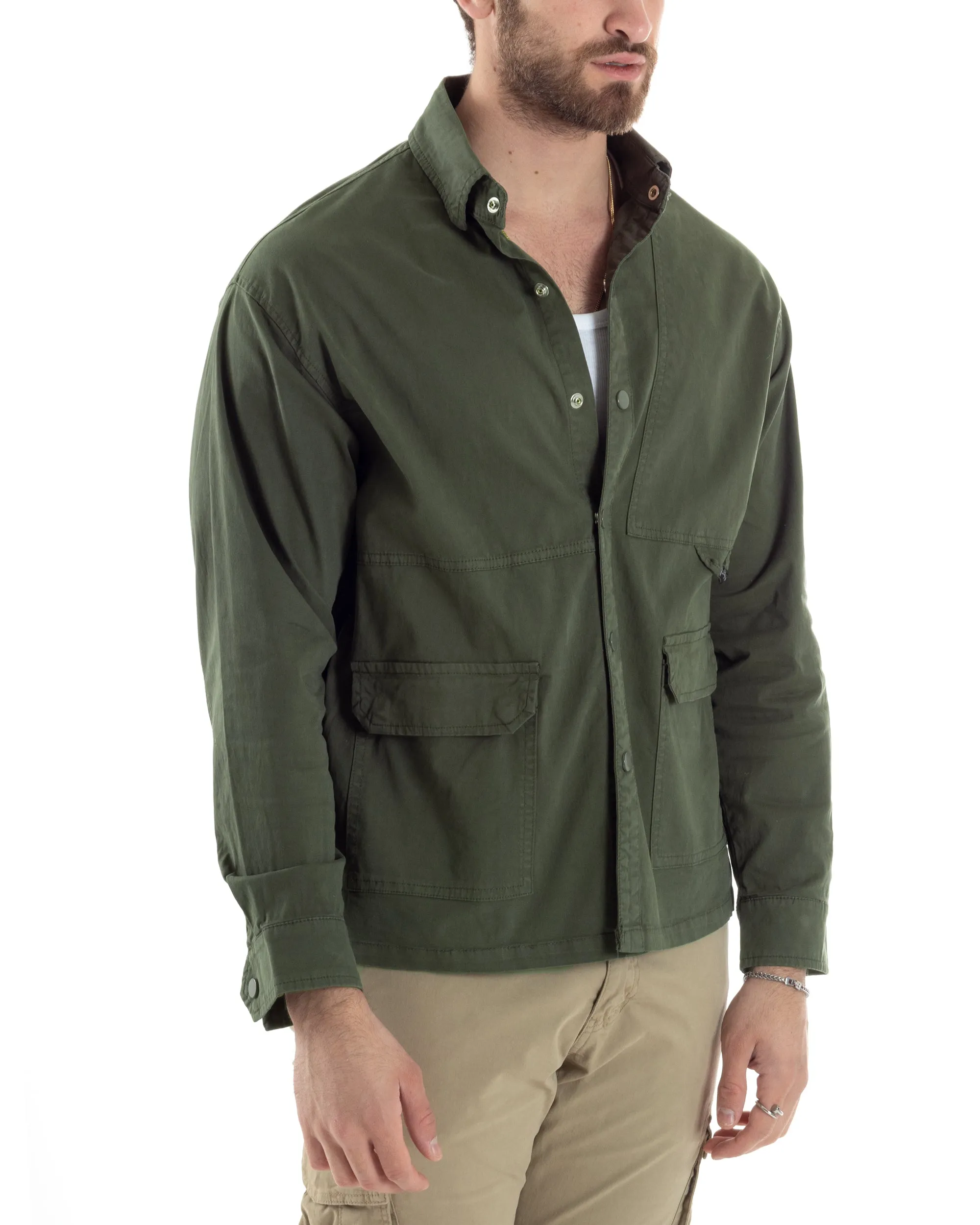 Giacca Utility Cargo Giubbotto Uomo Con Tasche Sahariana Con Colletto Carpenter Verde GIOSAL-G3176A