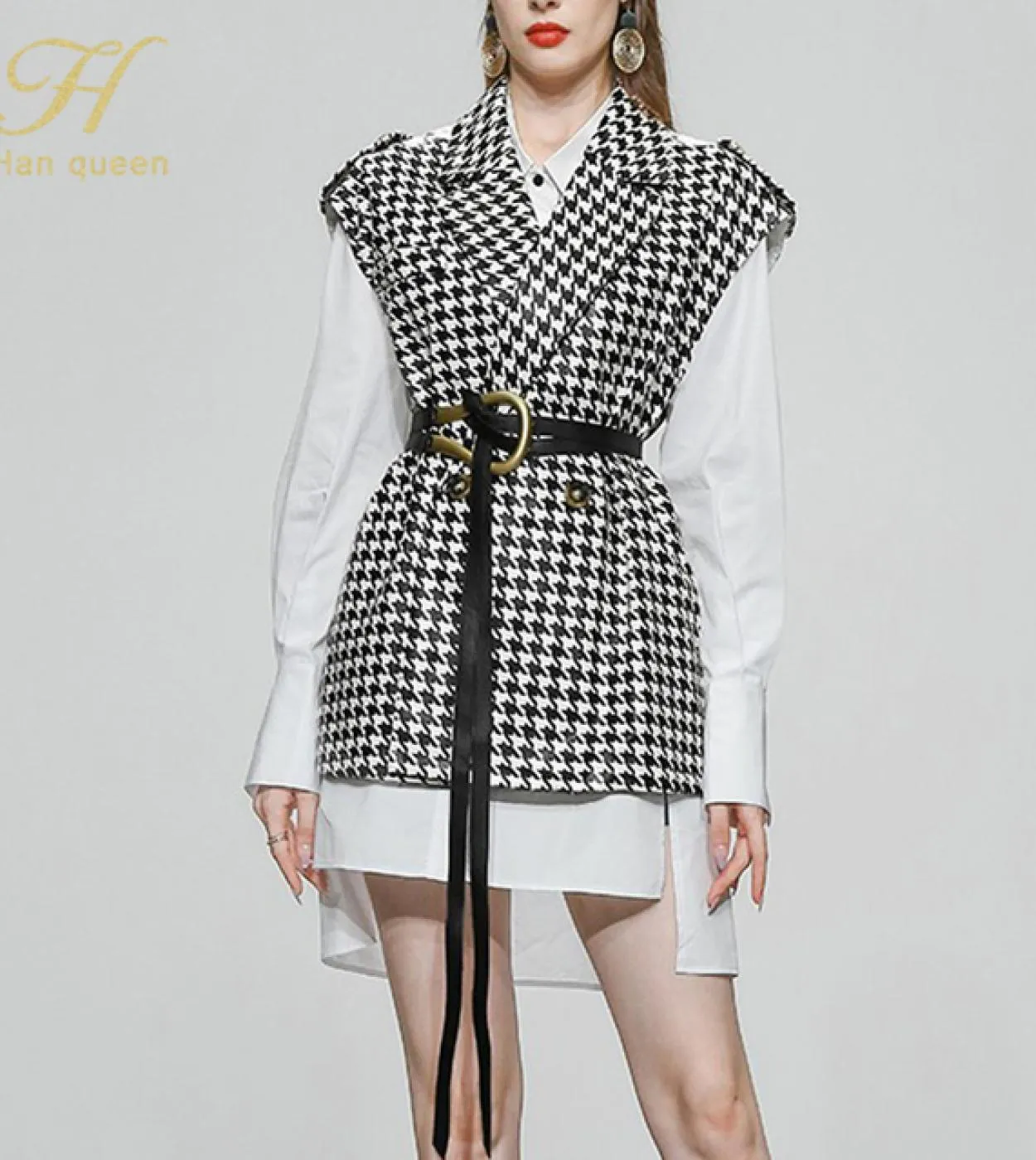 H Han Queen elegante moda vestido 2 pezzi abito da ufficio donna autunno semplice base Vneck lungo gilet pied de poule bianco