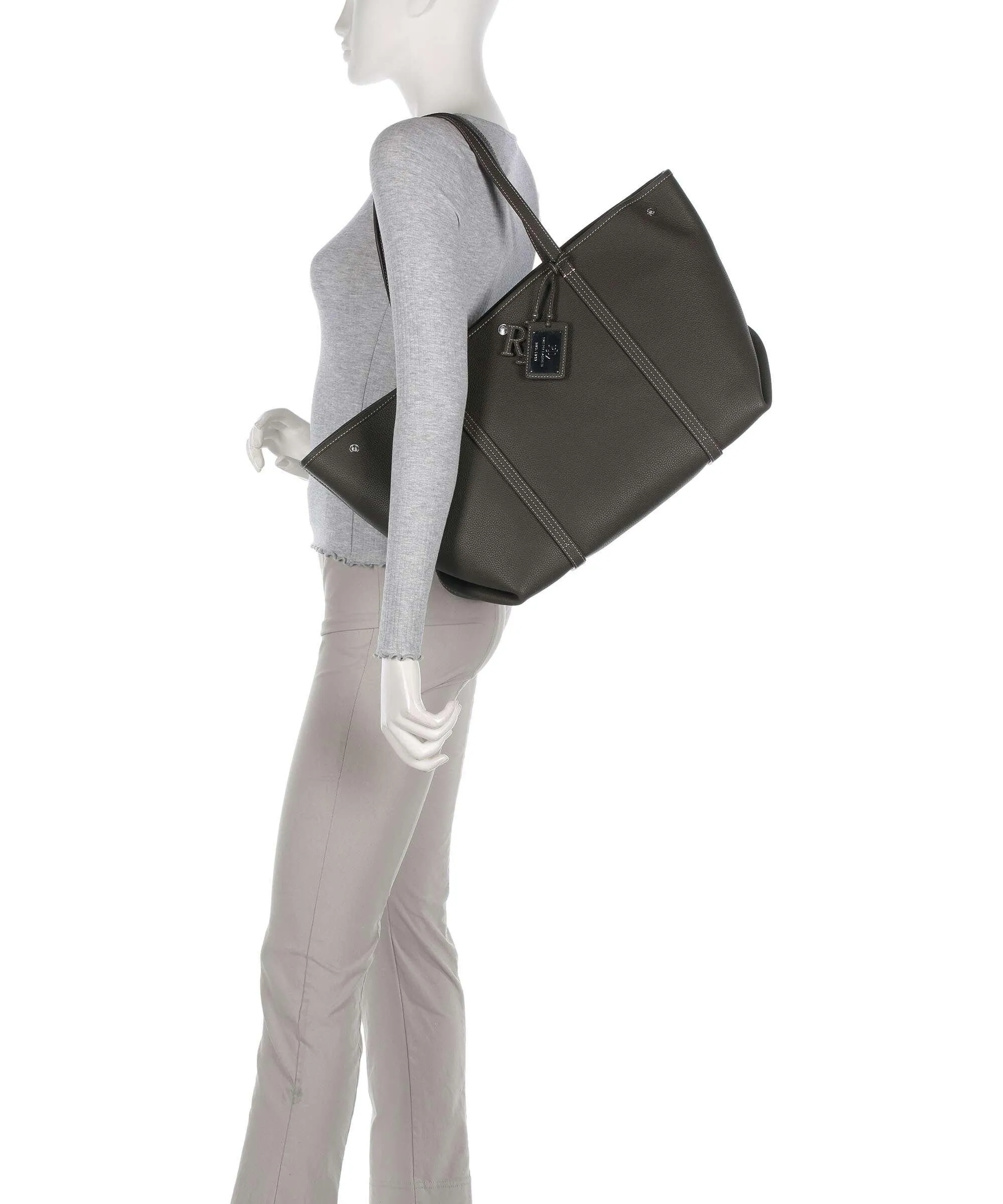  Lauren Ralph Lauren Emerie Large Borsa shopper pelle di vacchetta grana cachi  