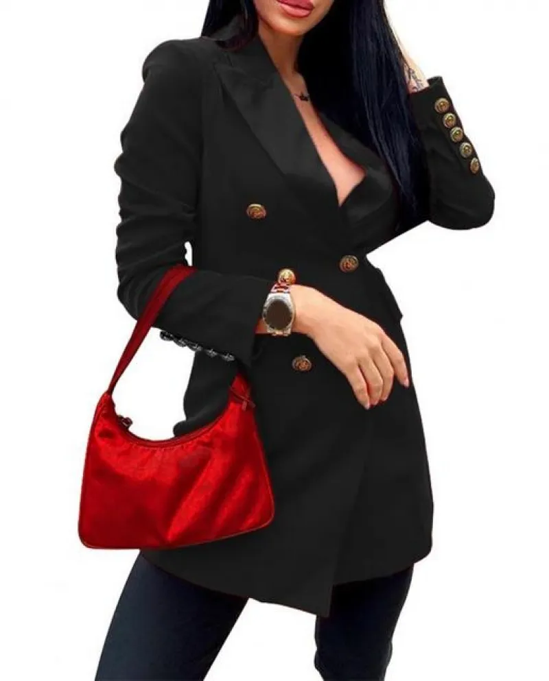 Primavera Autunno Moda Blazer Risvolto Manica Lunga Patta Tasche Doppio Petto Ufficio Femminile di Media Lunghezza Cappotto Tuta