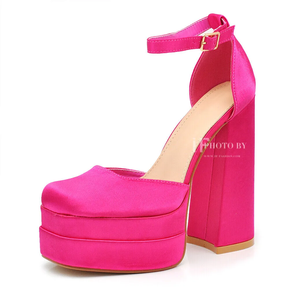 Scarpe Decoltè Da Donna Raso Con Cinturino Tacco Alto Platform plateau 909-1