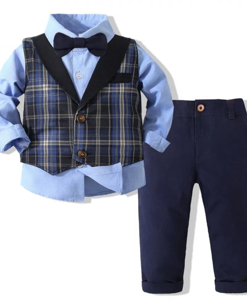 Set di vestiti a maniche lunghe Vestito da ragazzo per bambini Camicia di cotone blu Gilet scozzese Pantaloni Fiocco 4 pezzi Abi