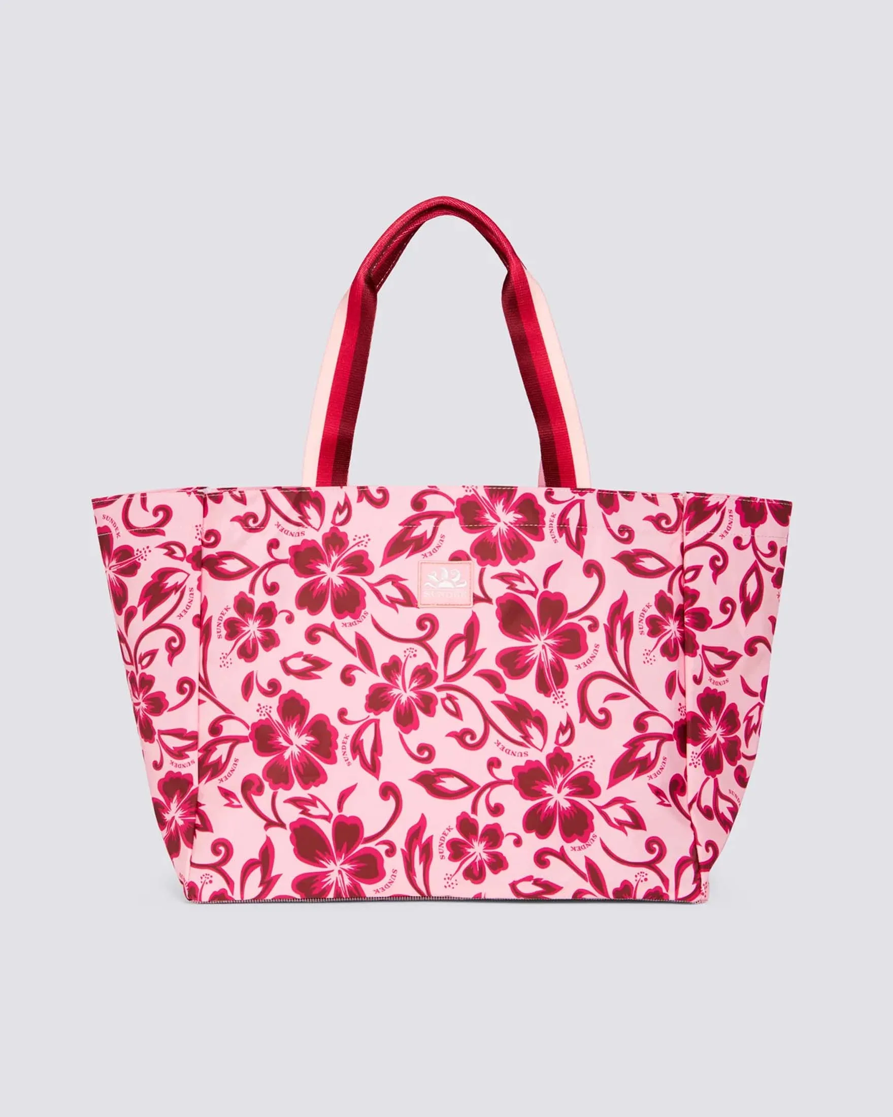 Shopper rosaa a fantasia fiori ibisco fucsia con manici bicolore