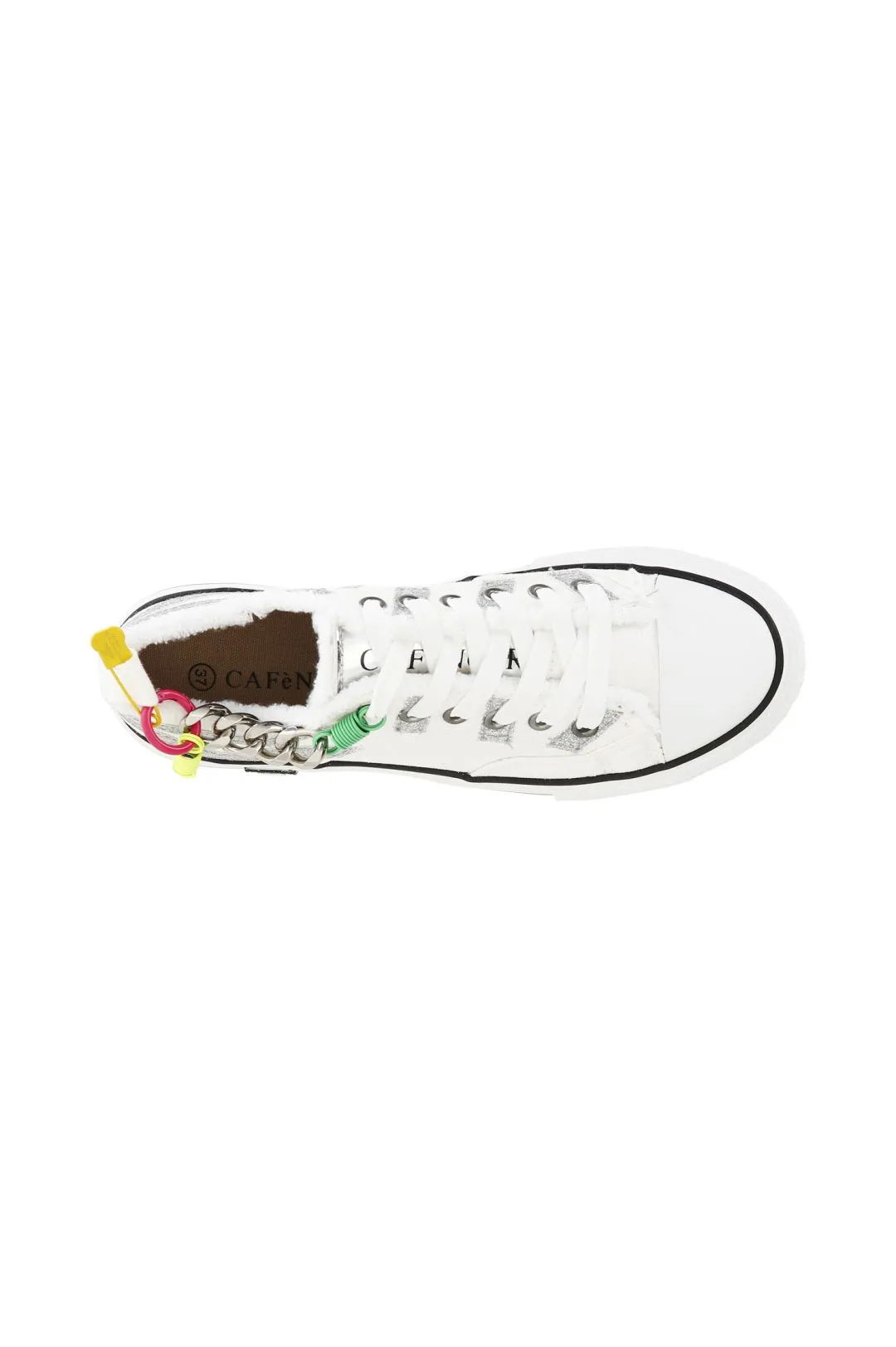 sneakers in tessuto con glitter e catena su suola  a cassetta burro/argento