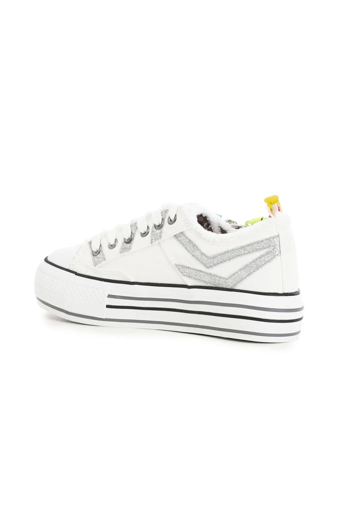 sneakers in tessuto con glitter e catena su suola  a cassetta burro/argento