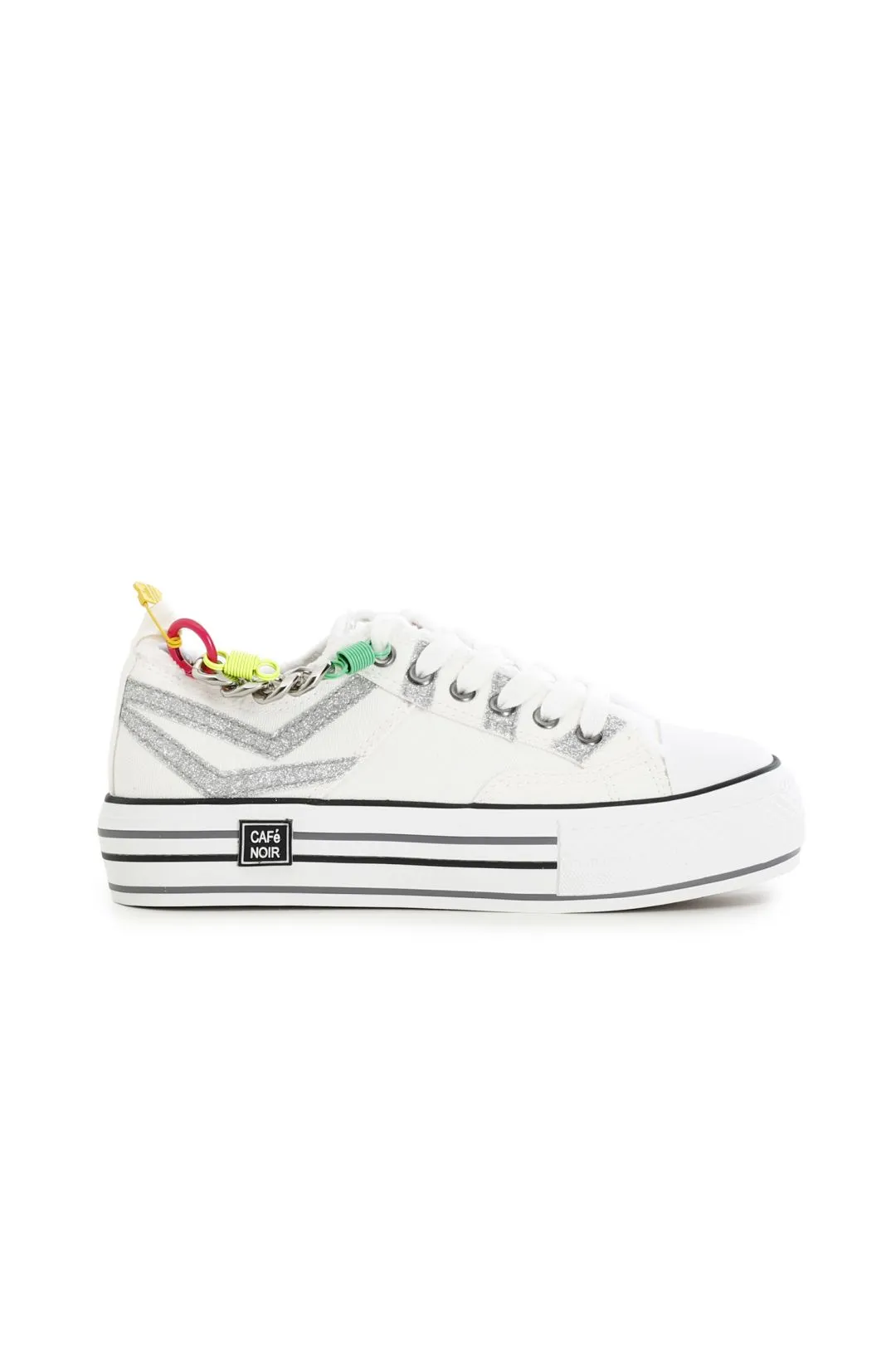 sneakers in tessuto con glitter e catena su suola  a cassetta burro/argento