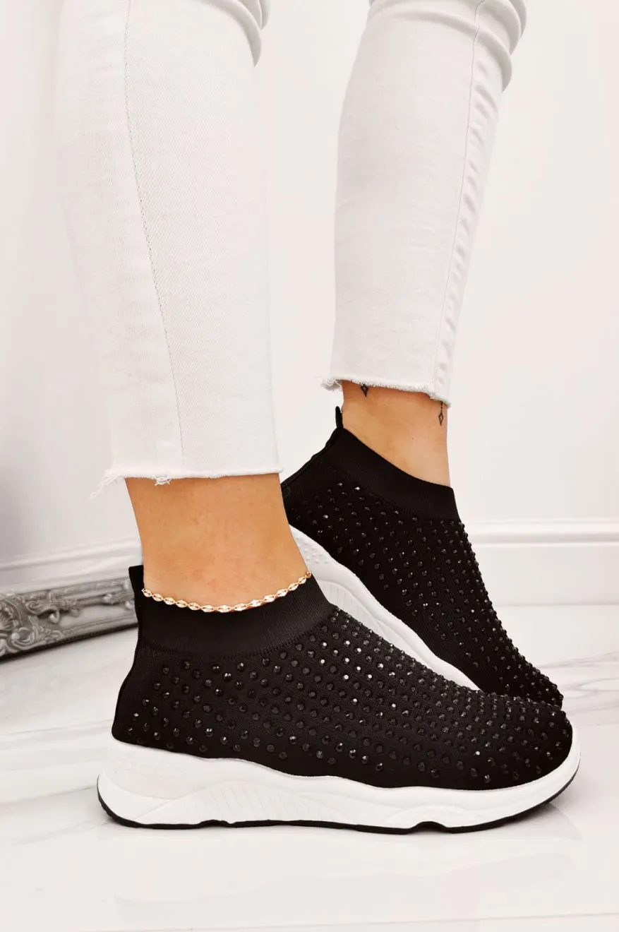 Sneakers nere in tessuto elastico e strass