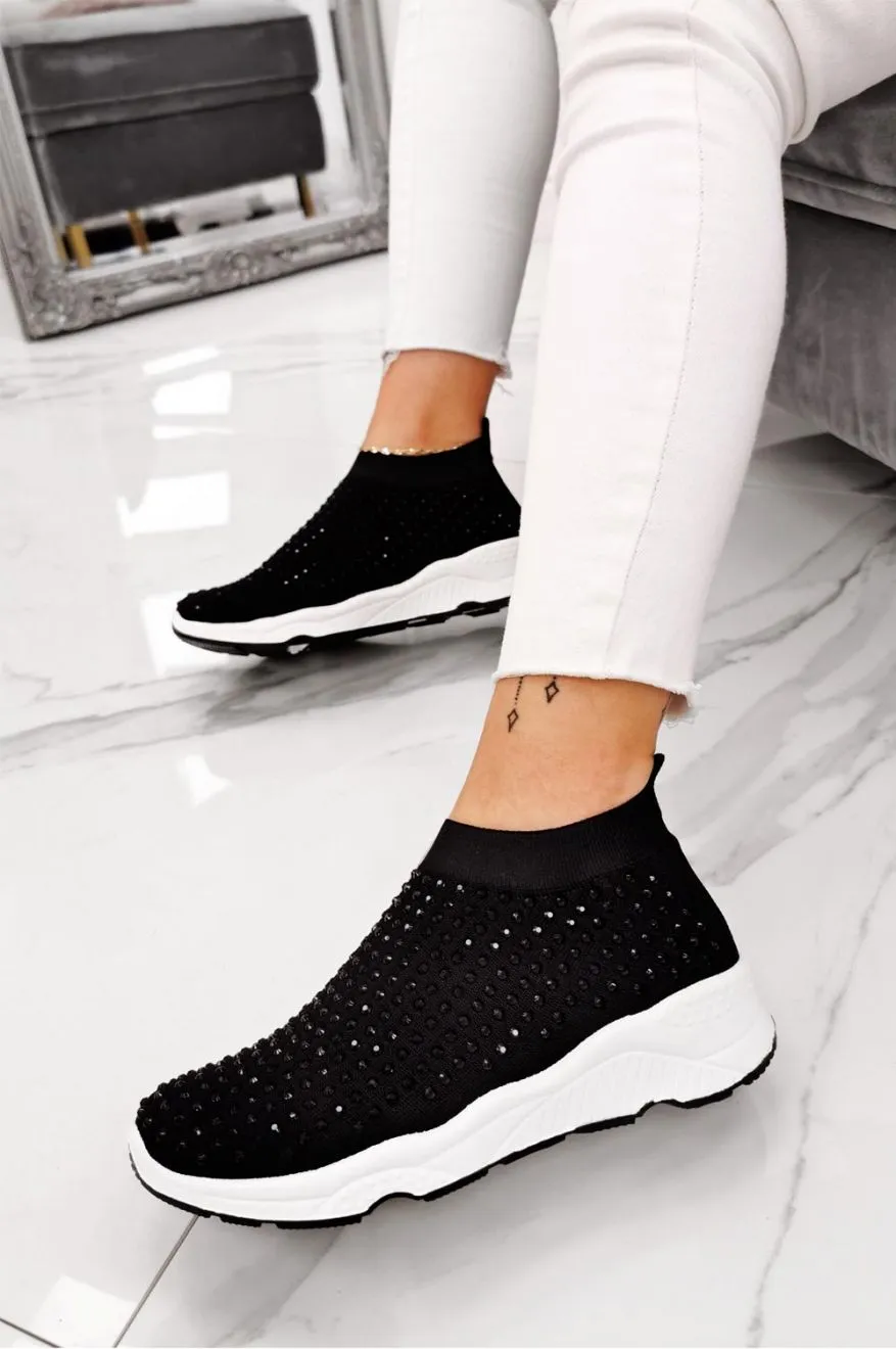 Sneakers nere in tessuto elastico e strass