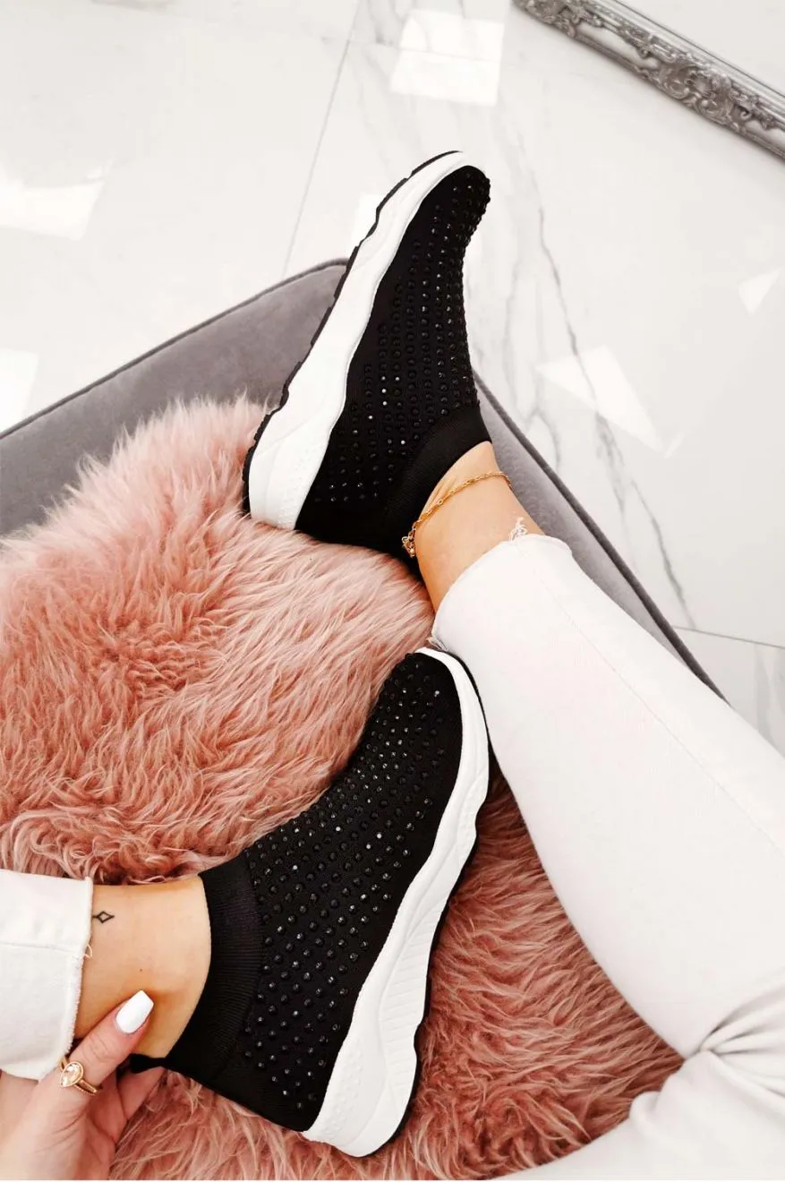 Sneakers nere in tessuto elastico e strass
