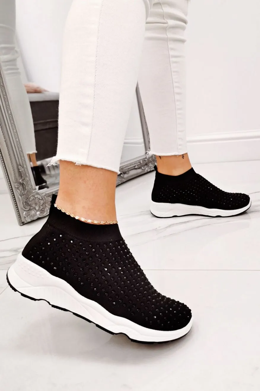 Sneakers nere in tessuto elastico e strass