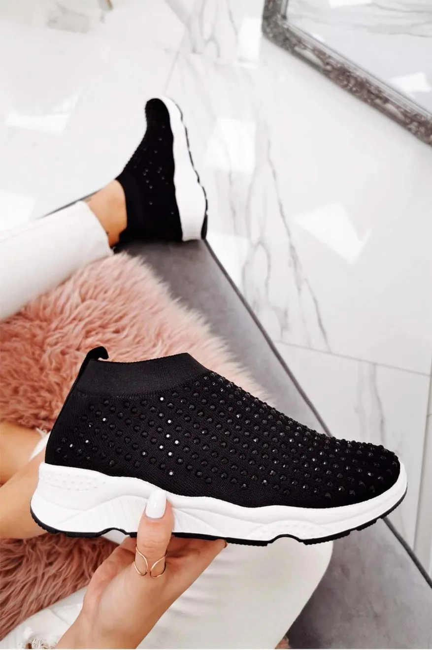 Sneakers nere in tessuto elastico e strass