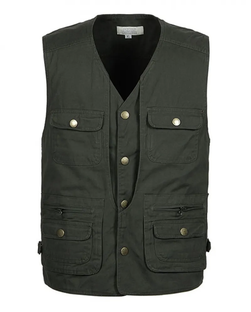 Solido Grande Formato 100 Tessuto di Cotone Con Scollo A V Multi Tasche Gilet Mens Casual Fotografia Monopetto Allentato Senza M