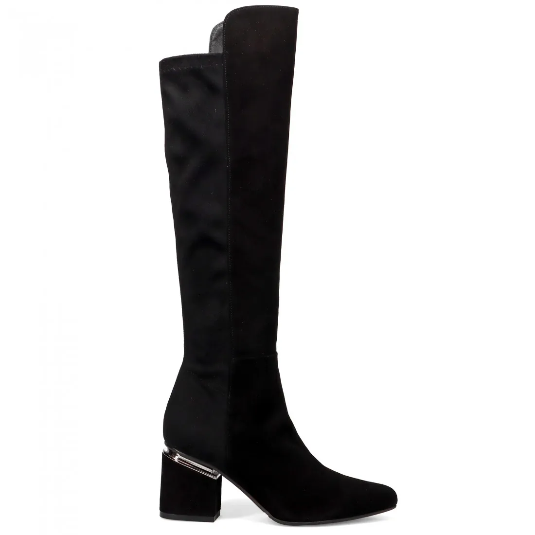 Stivale sopra al ginocchio in suede nero con gambale elasticizzato e tacco medio
