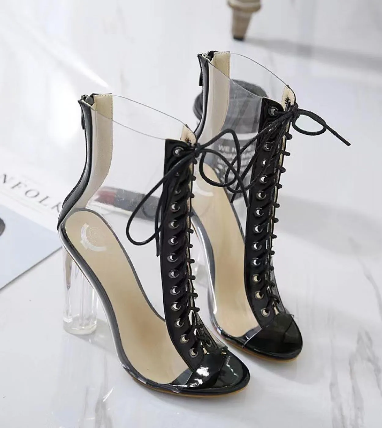 Stivali trasparenti in pvc Sandali Scarpe con punta aperta Sandali con tacco grosso trasparenti Sandali con lacci Mujer Stivali