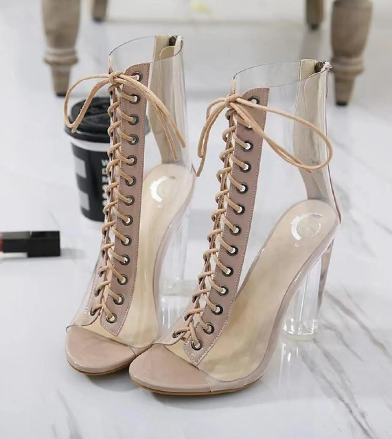 Stivali trasparenti in pvc Sandali Scarpe con punta aperta Sandali con tacco grosso trasparenti Sandali con lacci Mujer Stivali