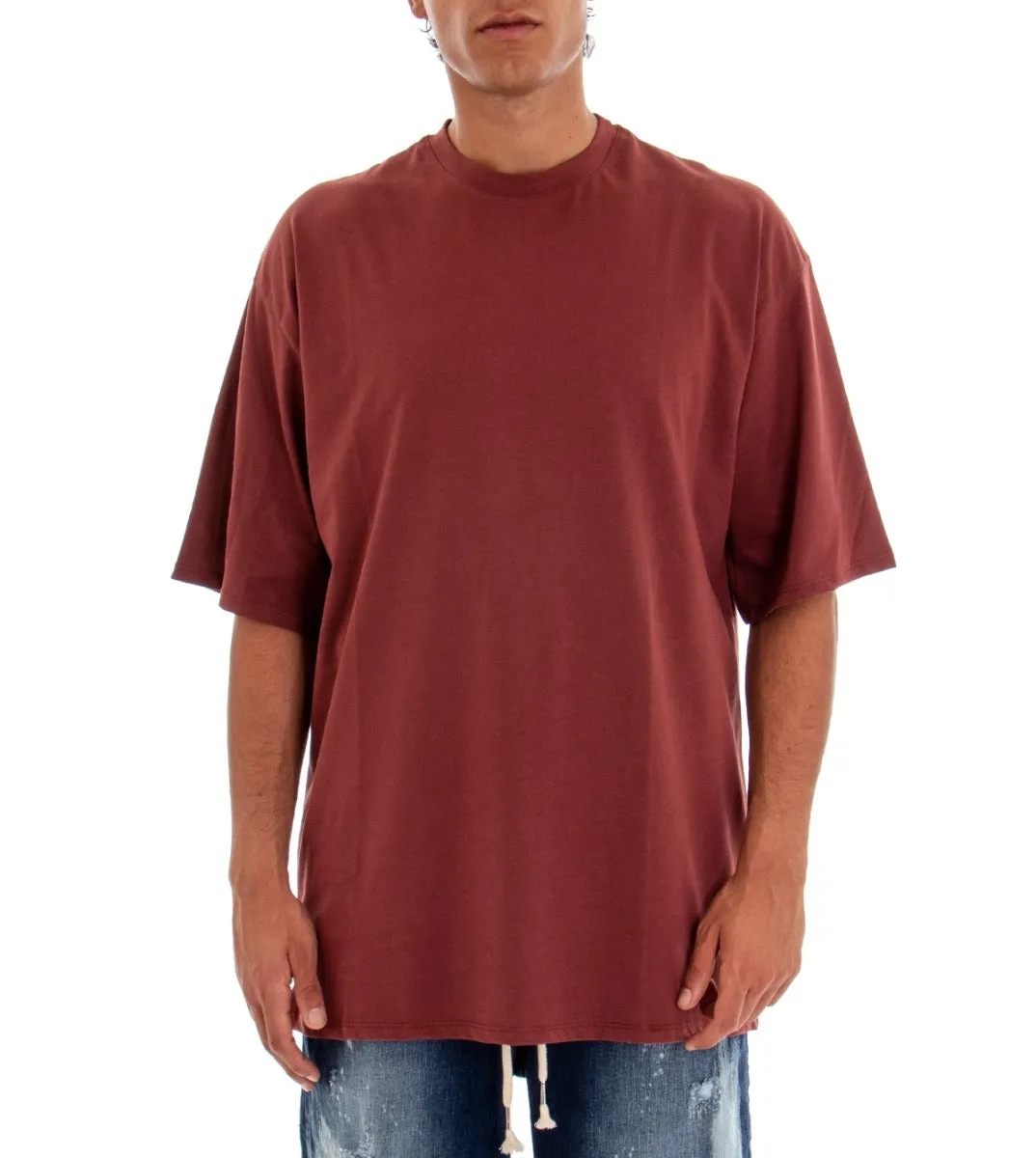 T-shirt Uomo Maglia Maniche Corte Over Tinta Unita Bordeaux Stampa Retro GIOSAL