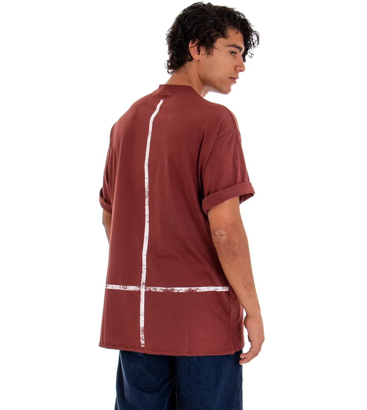 T-shirt Uomo Maglia Maniche Corte Over Tinta Unita Bordeaux Stampa Retro GIOSAL