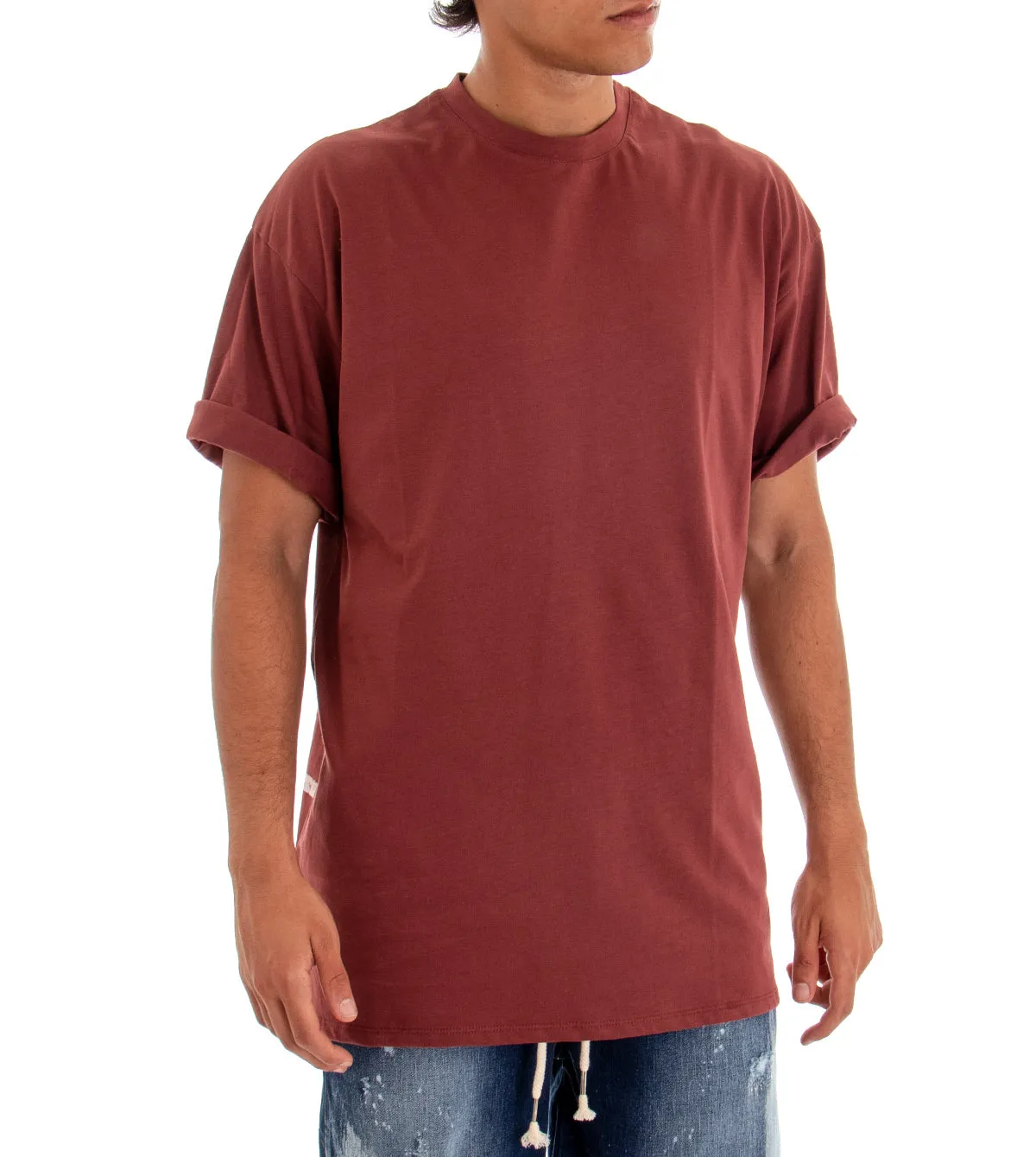 T-shirt Uomo Maglia Maniche Corte Over Tinta Unita Bordeaux Stampa Retro GIOSAL