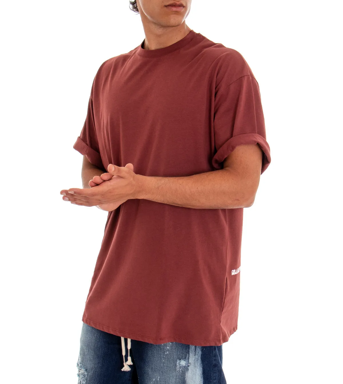 T-shirt Uomo Maglia Maniche Corte Over Tinta Unita Bordeaux Stampa Retro GIOSAL