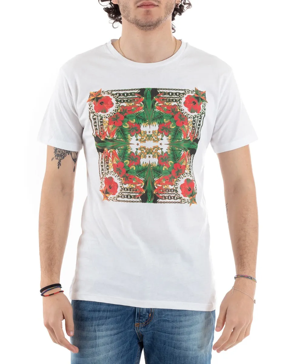 T-Shirt Uomo Mezza Manica Stampa Floreale Bianco Girocollo Slim GIOSAL-TS2815A