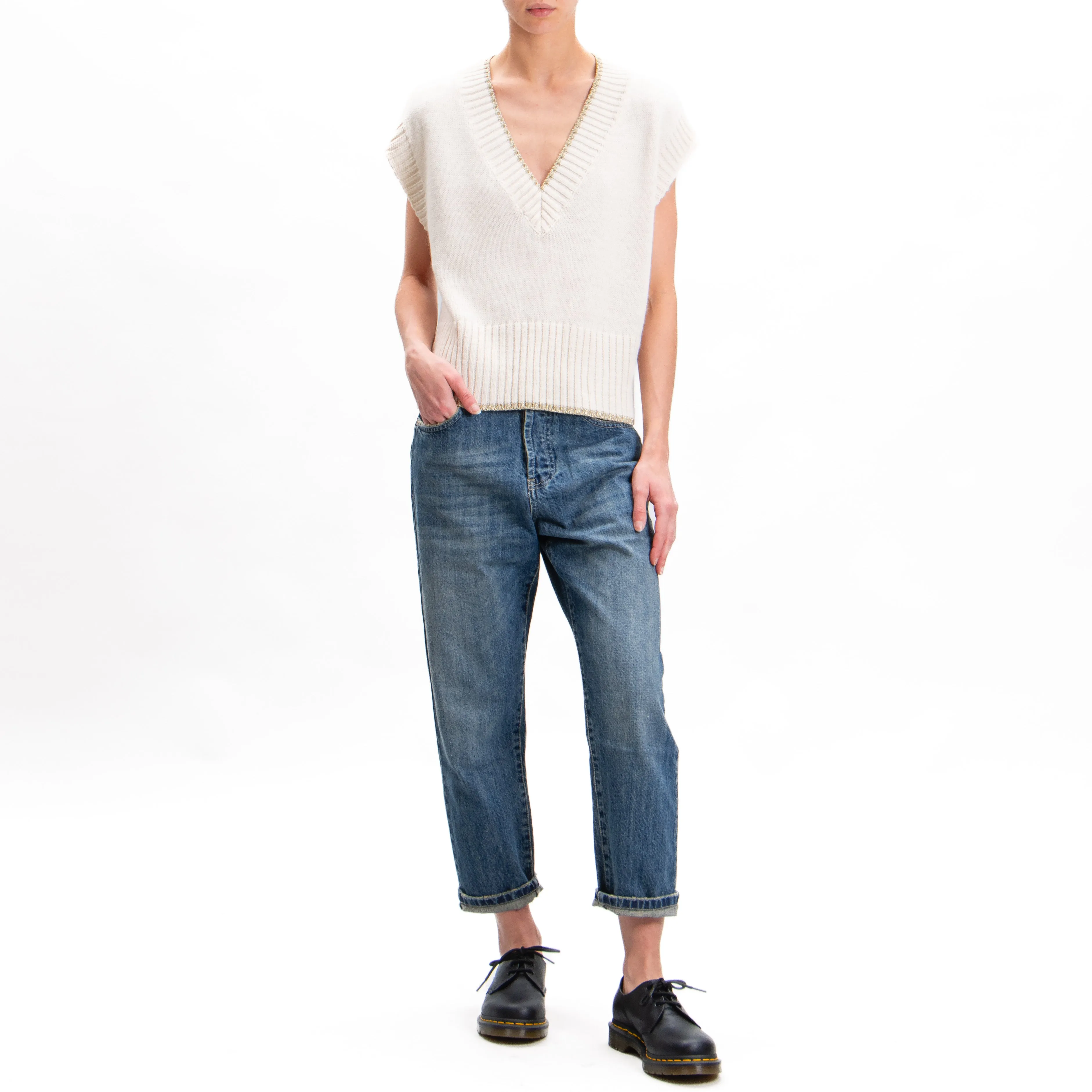Tensione in-Gilet misto alpaca bordi lurex - ecru'/oro