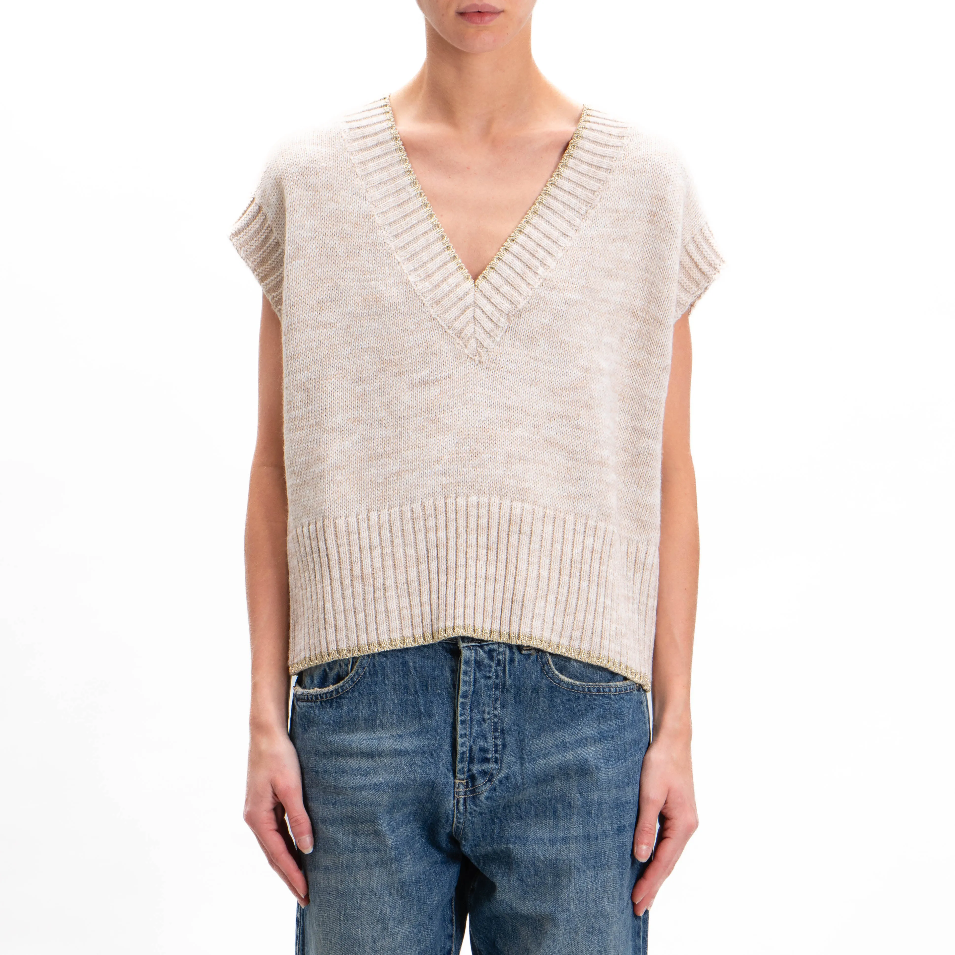 Tensione in-Gilet misto alpaca bordi lurex - sabbia/oro